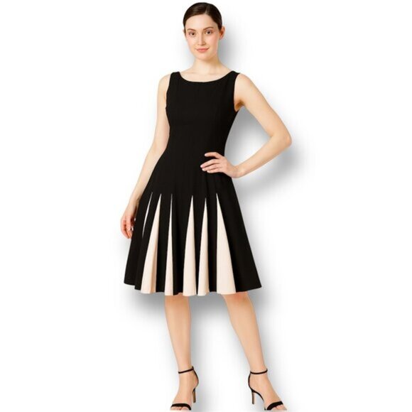 Tommy Hilfiger 12 Black Pink Colorblock Fit & Flare Midi Dress Retro Preppy Mod - Picture 1 of 7